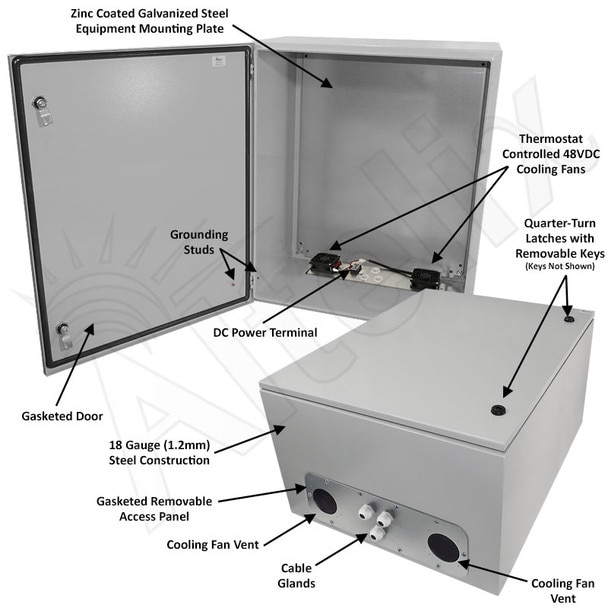 Altelix 28x24x16 Steel Weatherproof NEMA Enclosure with Dual 48 VDC Cooling Fans