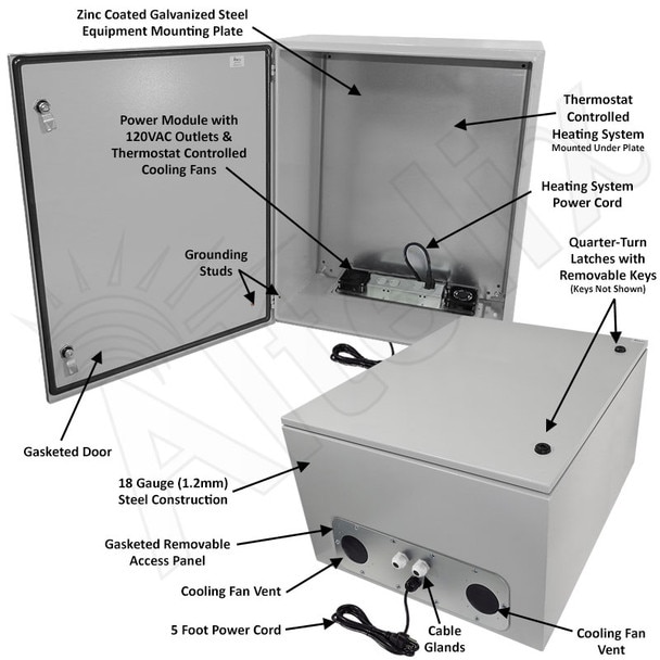Altelix 28x24x16 Steel Heated Weatherproof NEMA Enclosure with Dual Cooling Fans 400W Heater 120 VAC Outlets and Power Cord
