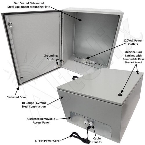Altelix 32x24x16 NEMA 4X Steel Weatherproof Enclosure with 120 VAC Outlets and Power Cord
