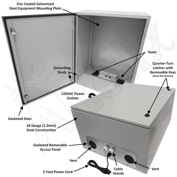 Altelix 32x24x16 Vented Steel Weatherproof NEMA Enclosure with 120 VAC Outlets and Power Cord