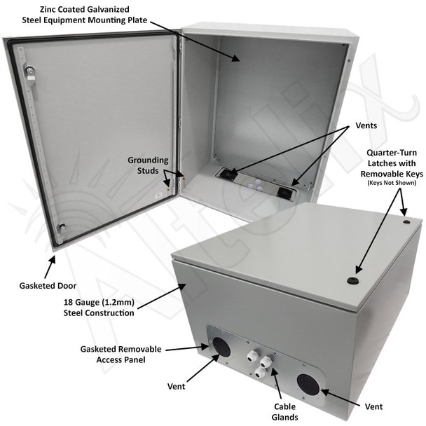 Altelix 32x24x16 Vented Steel Weatherproof NEMA Enclosure with Steel Equipment Mounting Plate