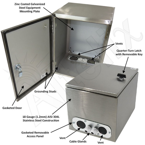 Altelix 16x12x12 Vented Stainless Steel Weatherproof NEMA Enclosure with Steel Equipment Mounting Plate