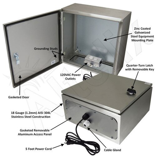 Altelix 16x16x8 NEMA 4X Stainless Steel Weatherproof Enclosure with 120 VAC Outlets and Power Cord