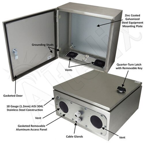 Altelix 16x16x8 Vented Stainless Steel Weatherproof NEMA Enclosure with Steel Equipment Mounting Plate
