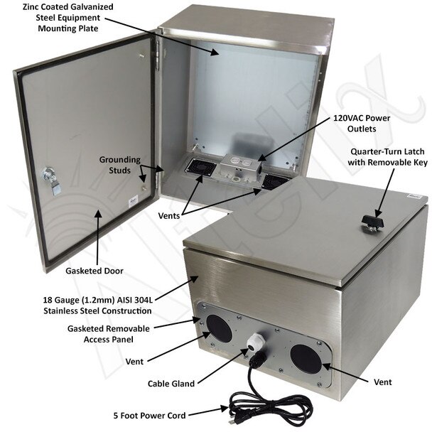 Altelix 20x16x12 Vented Stainless Steel Weatherproof NEMA Enclosure with 120 VAC Outlets and Power Cord