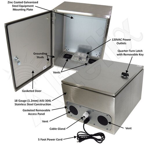Altelix 20x16x12 Vented Stainless Steel Weatherproof NEMA Enclosure with 120 VAC Outlets and Power Cord