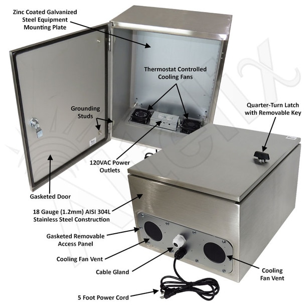 Altelix 20x16x12 Stainless Steel Weatherproof NEMA Enclosure with Dual Cooling Fans 120 VAC Outlets and Power Cord