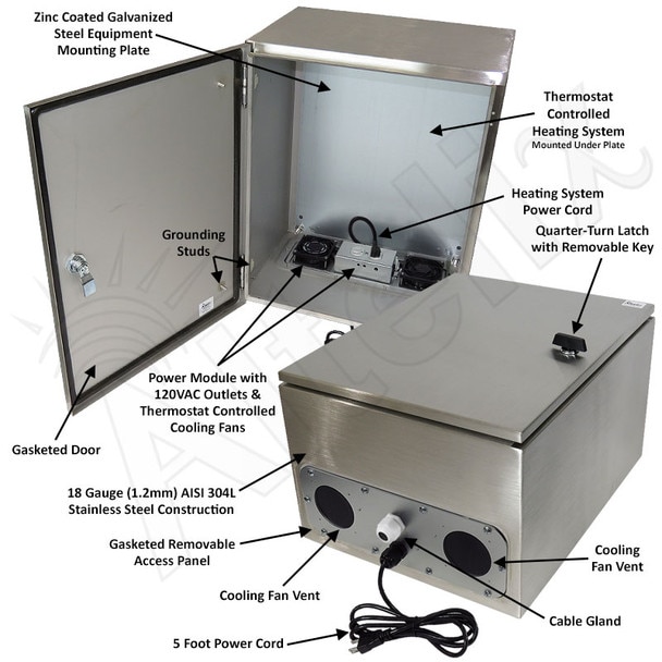Altelix 20x16x12 Stainless Steel Heated Weatherproof NEMA Enclosure with Dual Cooling Fans 200W Heater 120 VAC Outlets and Power Cord