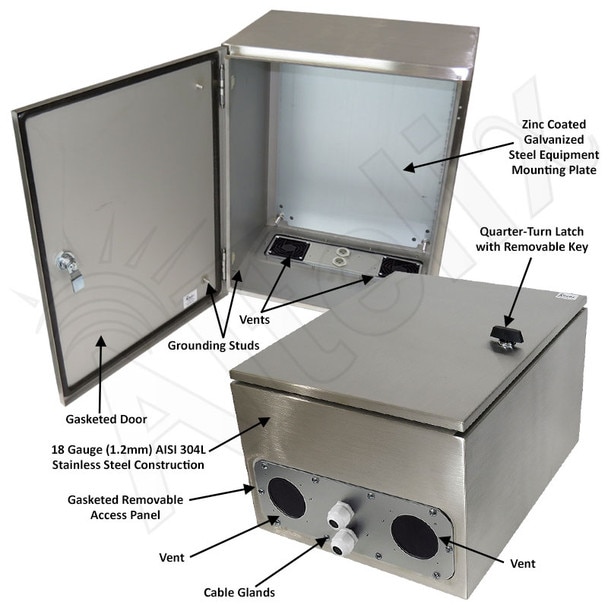 Altelix 20x16x12 Vented Stainless Steel Weatherproof NEMA Enclosure with Steel Equipment Mounting Plate