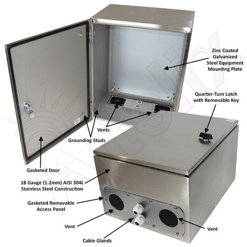Altelix 20x16x12 Vented Stainless Steel Weatherproof NEMA Enclosure with Steel Equipment Mounting Plate
