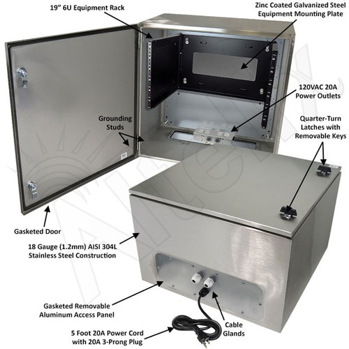 Altelix 24x24x16 120VAC 20A Stainless Steel NEMA 4X Enclosure for UPS Power Systems with 19-Inch Wide 6U Rack 20A Power Outlets and Power Cord