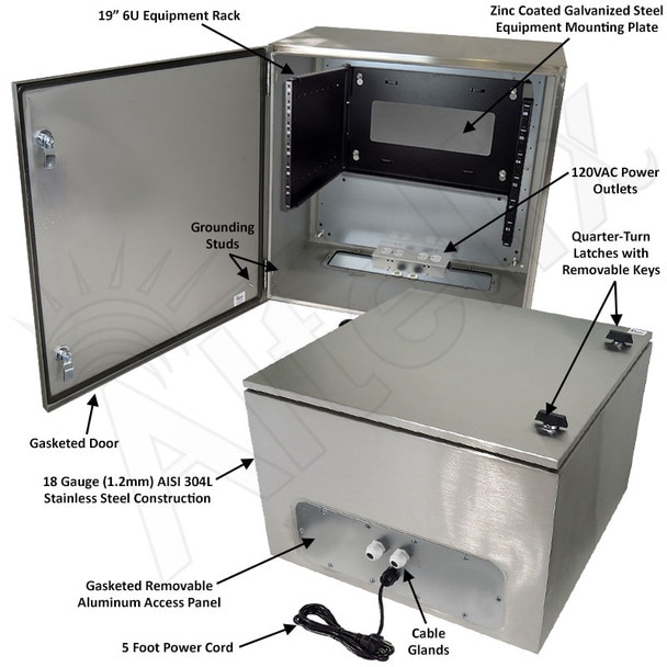 Altelix 24x24x16 19-Inch Wide 6U Rack NEMA 4X Stainless Steel Weatherproof Enclosure with 120 VAC Outlets and Power Cord
