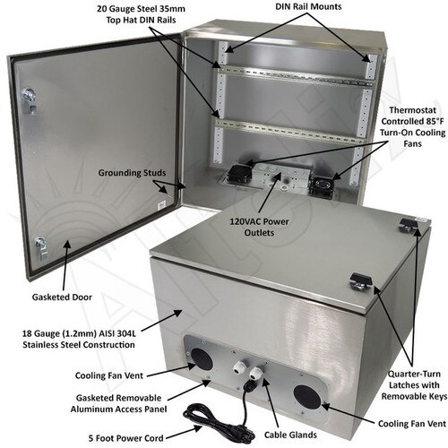 Altelix 24x24x16 Industrial DIN Rail Stainless Steel Weatherproof NEMA Enclosure with 120 VAC Outlets Power Cord 85F Turn-On Cooling Fans