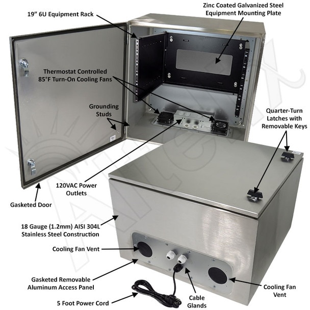 Altelix 24x24x16 19-Inch Wide 6U Rack Stainless Steel Weatherproof NEMA Enclosure with 120 VAC Outlets Power Cord 85F Turn-On Cooling Fans