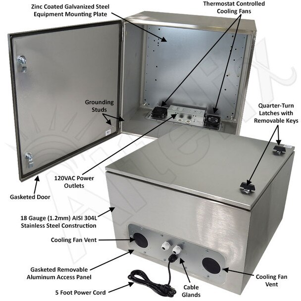 Altelix 24x24x16 Stainless Steel Weatherproof NEMA Enclosure with Dual Cooling Fans 120 VAC Outlets and Power Cord