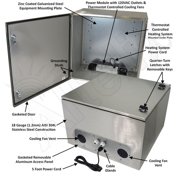 Altelix 24x24x16 Stainless Steel Heated Weatherproof NEMA Enclosure with Dual Cooling Fans 400W Heater 120 VAC Outlets and Power Cord