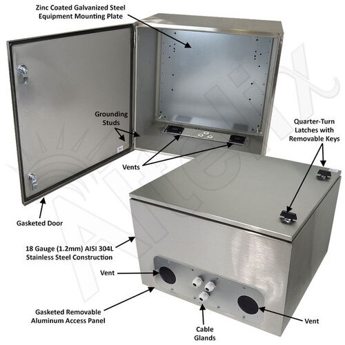 Altelix 24x24x16 Vented Stainless Steel Weatherproof NEMA Enclosure with Steel Equipment Mounting Plate